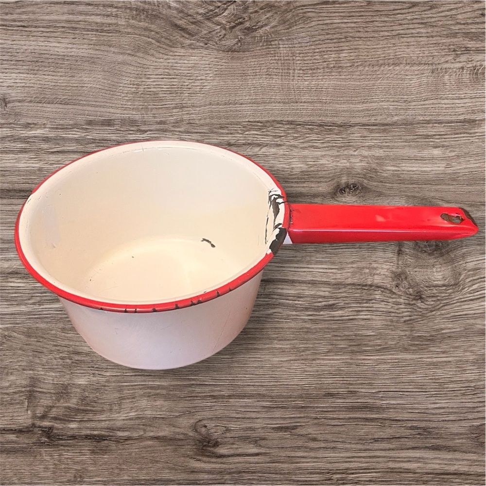 Vintage White with Red Trim Enamelware Pot
